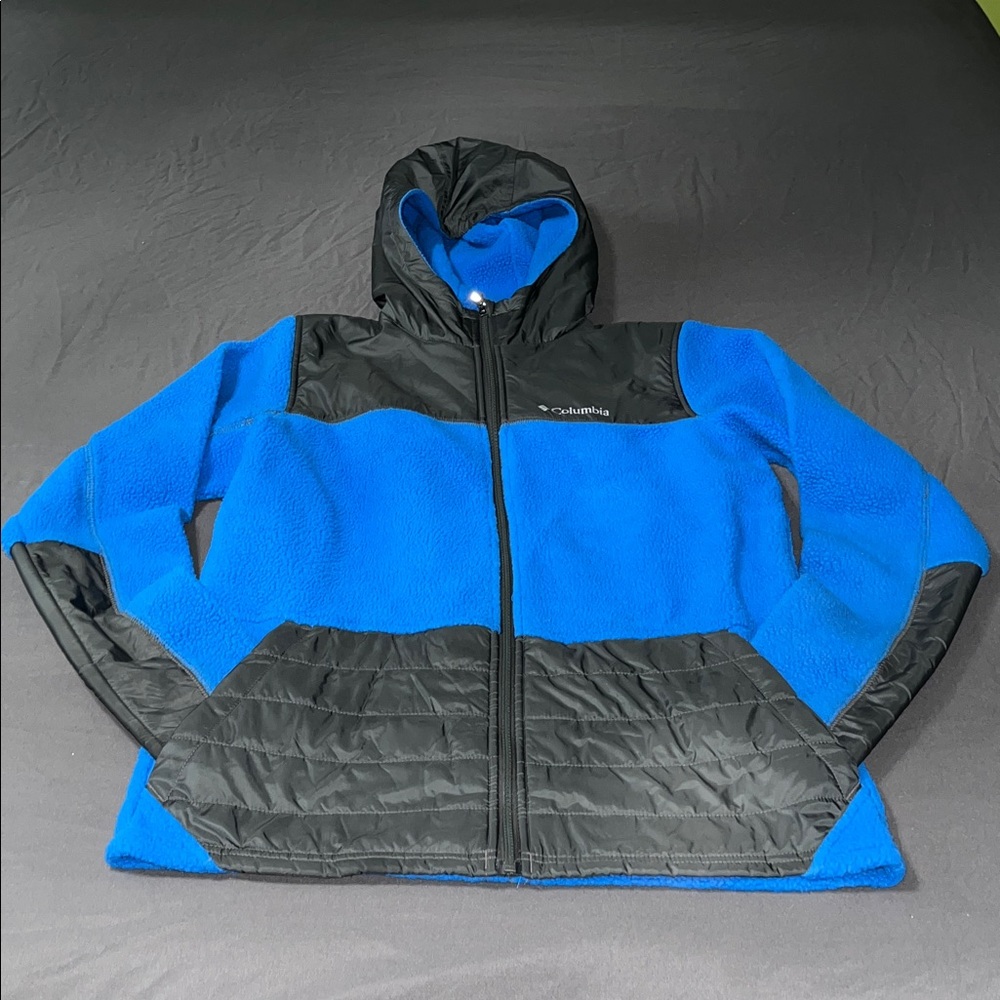 Boys Columbia Grey and Blue Hooded Fleece Jacket Size XL EUC
